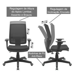 Cadeira Presidente Brizza Tela Ergonômica Para Escritório Regulagem Altura Back System NR17 Preta - 3