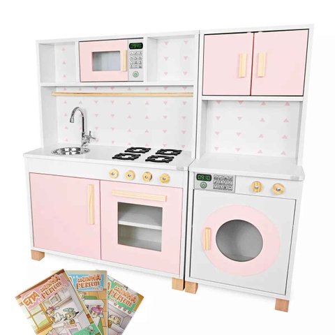 Kit Cozinha Infantil e Máquina de Lavar Infantil - Rosa Bebê