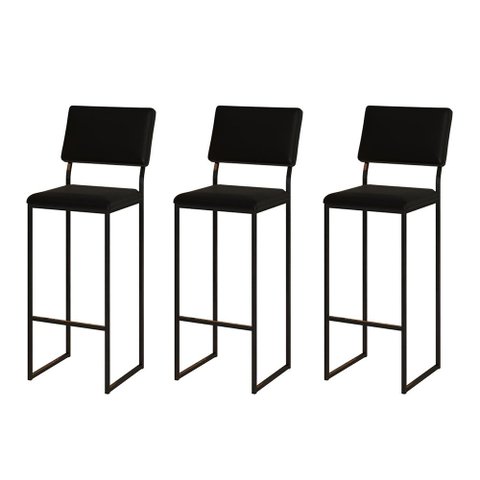Kit 3 Banquetas com Encosto Industrial e Moderna Nina Preto e Corino Preto