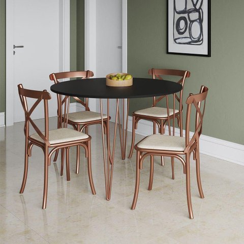 Mesa com 4 Cadeiras Katrina Cobre Elen Hairpin 110cm Jantar Preta Base Cobre Marrom