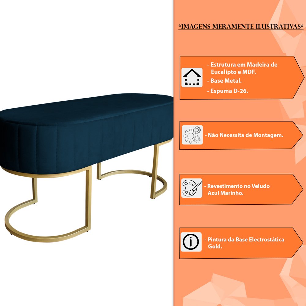 Banco Recamier Estofado Luana Base Gold Veludo Azul Marinho - Montanaris Decor - 6