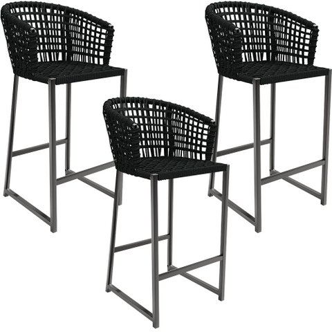 Kit 03 Banqueta Para Área Gourmet Cozinha Varanda Corda Náutica Porto D04 Preto - Lyam Decor