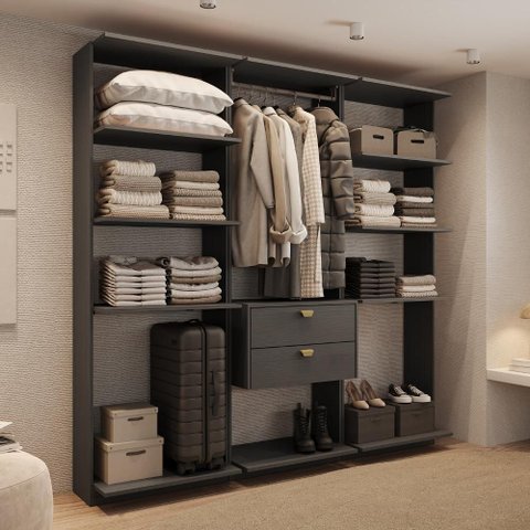 Guarda-Roupas Closet Modulado Alasca One 180cm 3 Peças com 2 Gavetas e Cabideiros Preto Touch