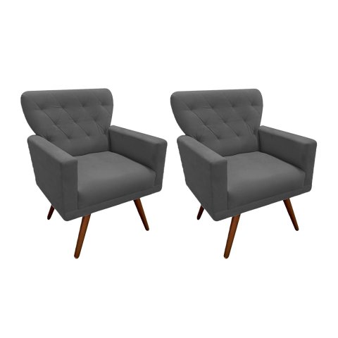 Kit 2 Poltronas Decorativa Aurora Suede Cinza Pés Madeira Ms Decor