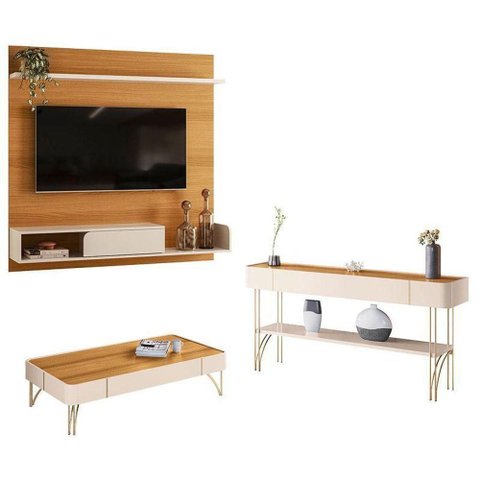 Painel para TV Suspenso Evo com Mesa de Centro Cadenza+Aparador Vivant Cinamomo Off White–Hb Mó