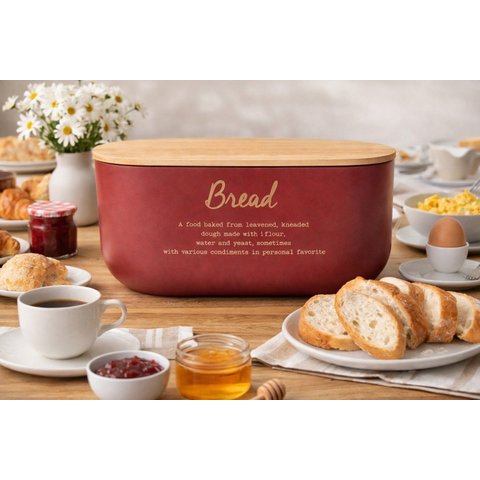 Porta Pão em Metal com Tampa de Bambu 5,8 Litros - Vermelho Carmim