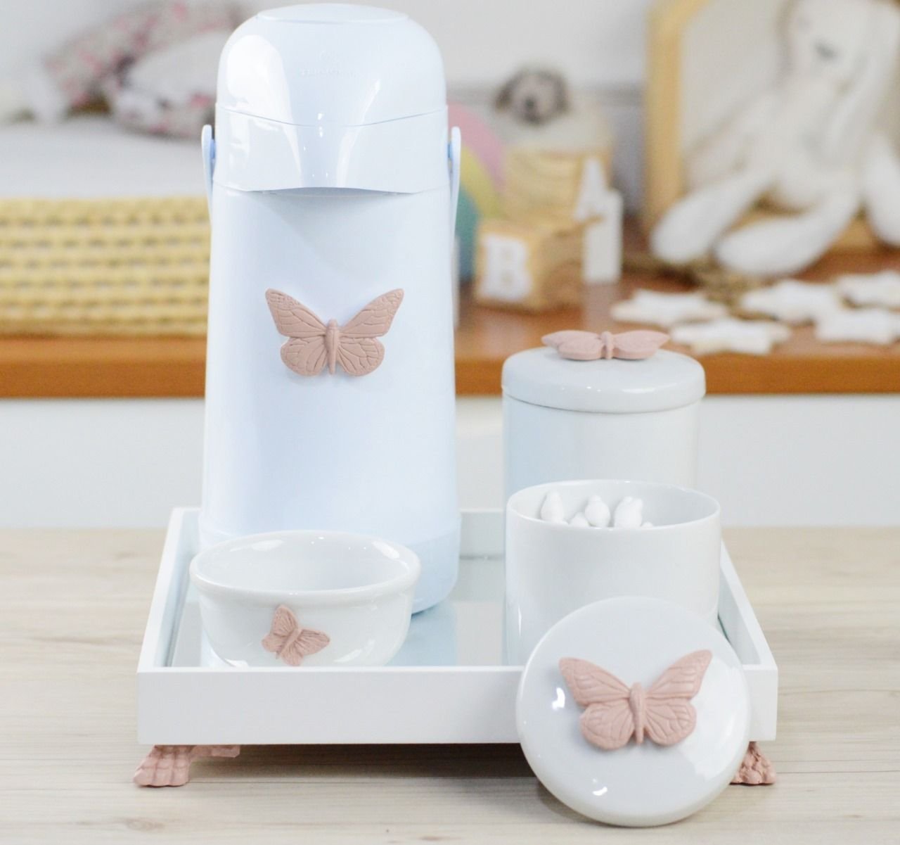 Kit Higiene Bandeja Porcelana Bebê Térmica Meninas K012 Borboleta - Rosê - 3