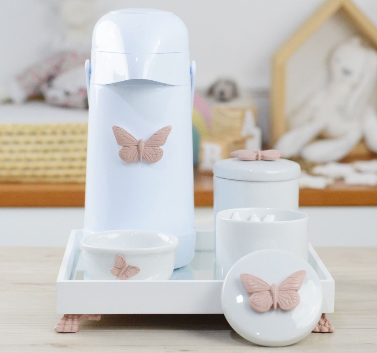Kit Higiene Bandeja Porcelana Bebê Térmica Meninas K012 Borboleta - Rosê - 1
