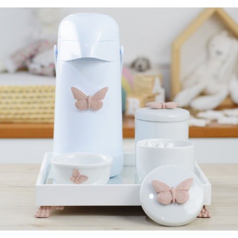 Kit Higiene Bandeja Porcelana Bebê Térmica Meninas K012 Borboleta - Rosê