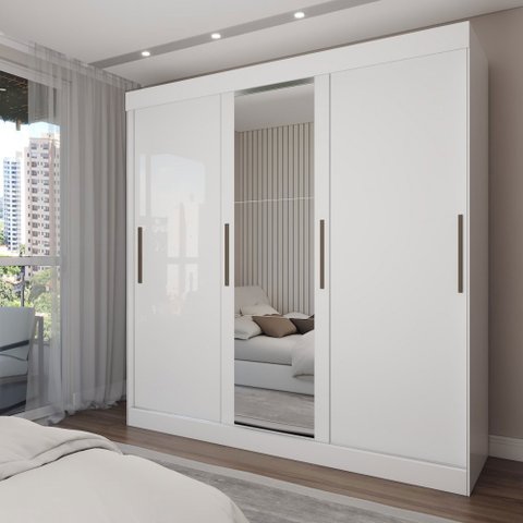 Guarda-roupa Casal Katy 3 Portas 2 Gavetas com Espelho Branco - Pnr Móveis