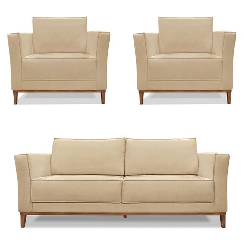 Kit 2 Poltronas e Sofá Living 2 Lugares 1,90m Vega Linho Dourado Pés Castanho - Pallazio