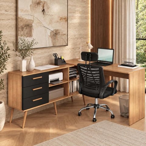 Conjunto Escritório com Mesa em L 3 Gavetas e Cadeira Giratória Multimóveis MCR6115 Madeirado/Preto