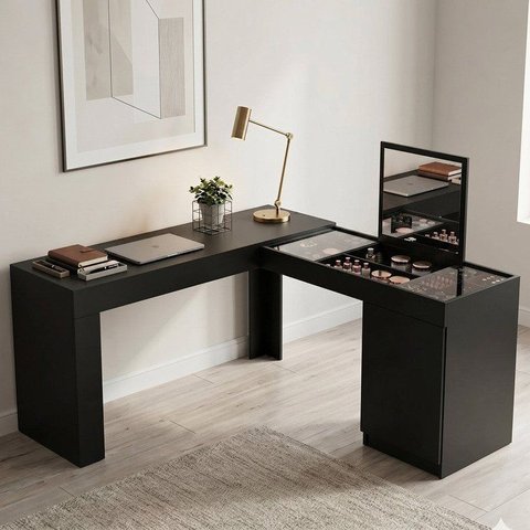 Escrivaninha Mesa Escritório Penteadeira de Canto com Espelho Star 1 Porta 136cm Preto