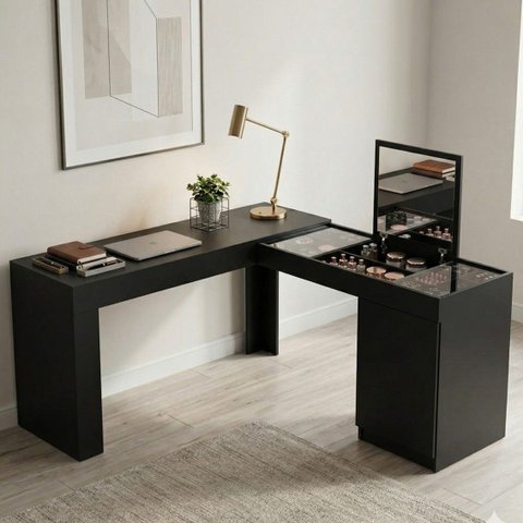 Escrivaninha Mesa Escritório Penteadeira de Canto com Espelho Star 1 Porta 136cm Preto