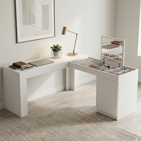 Escrivaninha Mesa Escritório Penteadeira de Canto com Espelho Star 1 Porta 136cm Branca