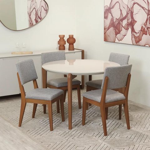 Conjunto de Jantar Mesa Redonda com Vidro Donatella com 4 Cadeiras Ella - Natural C/ Cinza