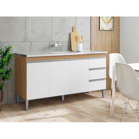 Balcão Gabinete P/ Pia Andreia sem Tampo 150 Cm Ajl Móveis - Amêndoa e Branco