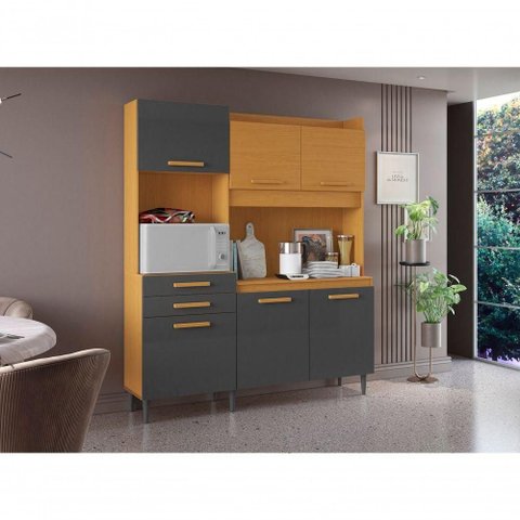 Kit Cozinha 6 Portas 2 Gavetas MDF MDP 182cm Cinamomo e Grafite Selena Gomez