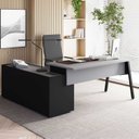Ver imagem 1 de Mesa L Diretor Escritório com Armário Lateral 3 Gavetas 200cm Industrial Tampo Cavado e Pés Metal Ex