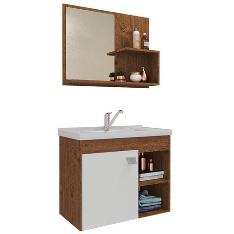 Conjunto para Banheiro com 1 Porta e Cuba Bia-MGM Móveis. - Amendoa / Branco