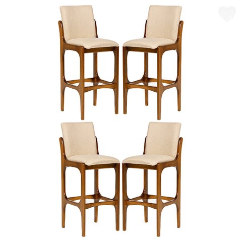 Kit 4 Banquetas Alta para Bancada Lisboa Madeira Imbuia Linho Bege M58 Rmi