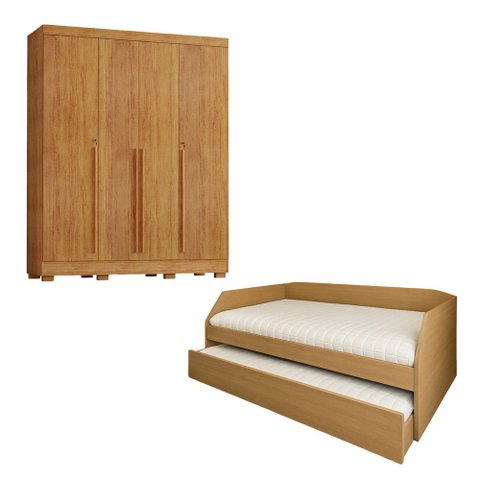 Conjunto Quarto Bicama Duo com Cama Auxiliar + Guarda-Roupa Domus Max com 2 Colchões - Amêndoa/Cedro
