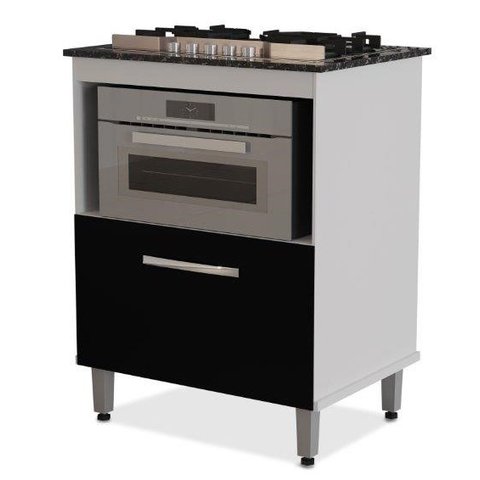 Balcão Gabinete para Cooktop de 5 Bocas e para Forno Elét. Bur 01 Porta Cor Branco Preto com Marmori