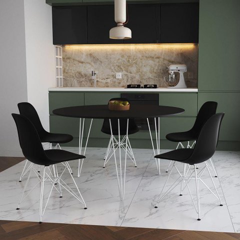 Mesa Jantar Redonda 110Cm Preta Clips 3 Pés Com 5 Cadeiras Pretas Ferro Branco - Cor: Preto