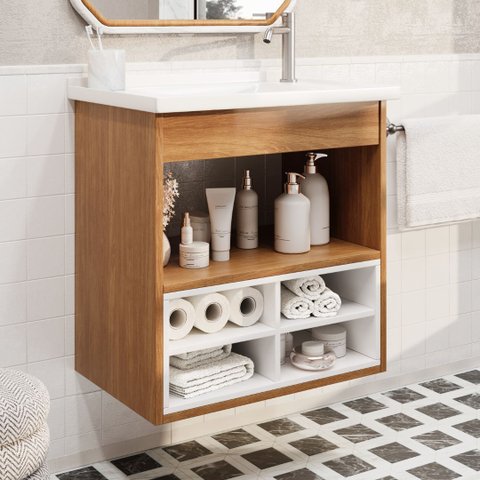 Gabinete Armario de Banheiro Alice com Nichos e Cuba - Cedro Branco