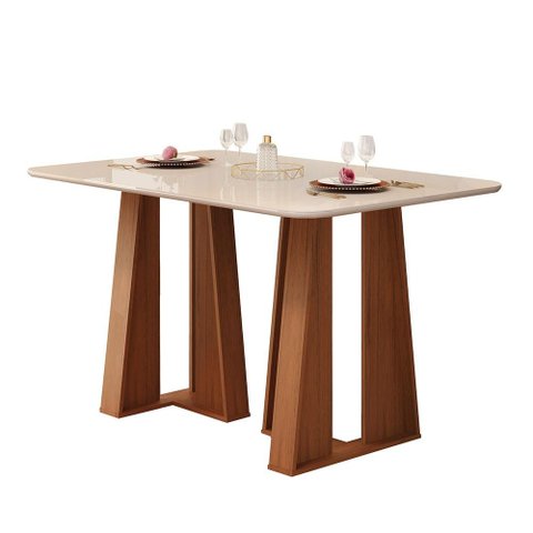 Mesa de Jantar Karen Tampo Chanfrado com Vidro 136x90x2 Freijó Off White - Dj Móvies