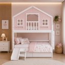 Ver imagem 1 de Beliche Solteiro Casinha Dos Sonhos com Varanda Escorregador 02 Gavetas Madeira Maciça Rosa Branco