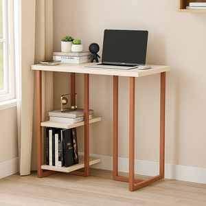 Mesa Escrivaninha Mali 76cm P/ Computador Notebook C/ Prateleiras Estilo Industrial: Off White/cobre