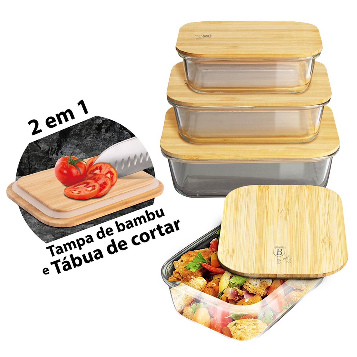 Kit 4 Potes Vidro Tampa Bambu Mini Tábua 2em1 Berlinger Haus Utensílios Cozinha Organização - 3