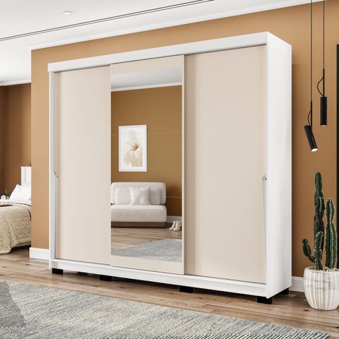Roupeiro Porto 3 Portas de Correr com Espelho 217x213cm Branco/Creme 240850