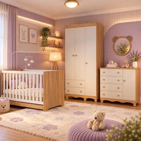 Quarto de Bebê Completo com Berço Americano 3 em 1 p/Colchão 130x70cm Flor Multimóveis MP4935