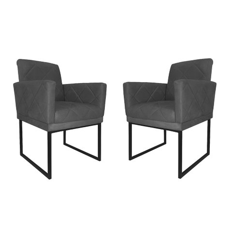 Kit 02 Poltronas Klara Base Ferro Preto Suede - Estopar Kit Klara Base Preta Suede Cinza