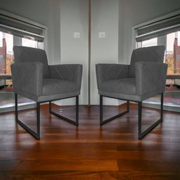 Kit 02 Poltronas Klara Base Ferro Preto Suede - Estopar Kit Klara Base Preta Suede Cinza - 2