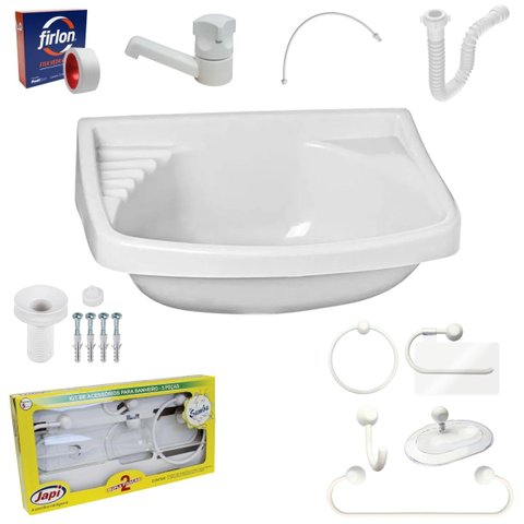 Pia Lavatório Banheiro 4,8l + Kit para Banheiro Redondo + Torneira + Sifão Universal + Engate Flexív