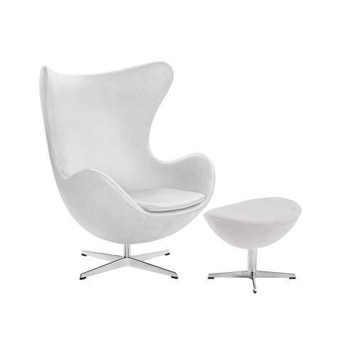 Poltrona Egg com Puff Base Alumínio em Sintético Branco