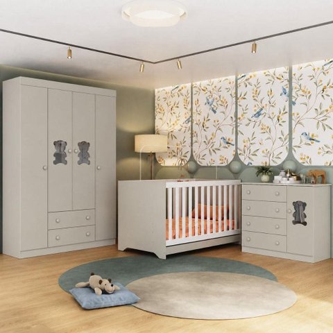 Quarto de Bebê Completo Berço Americano 3 em 1 Colchão Incluso Teddy Multimóveis MP4660 Off White