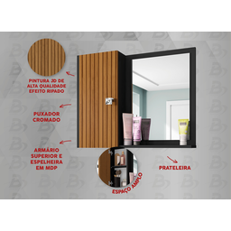 Armário De Banheiro Com Espelho Nicho Com Porta Preto Ripado - 6