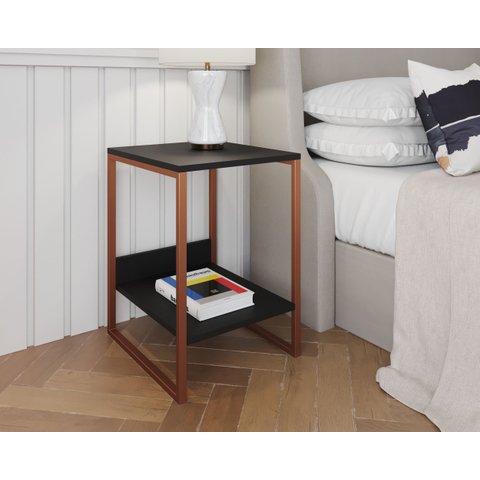 Mesa Cabeceira Industrial Tókio Base Ferro Cobre Tampo Preto