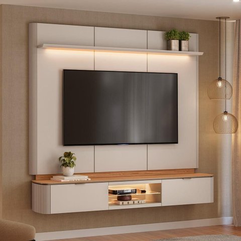 Painel para TV 70 pol com Bancada Suspensa Orgânica LED 180cm Leoni L05 Canela Off White Fosco -