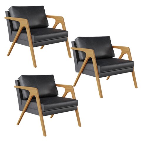 Kit 03 Poltronas Decorativa Sala Pietra Estrutura Madeira L02 Couríssimo Preto Brilho - Lyam Decor