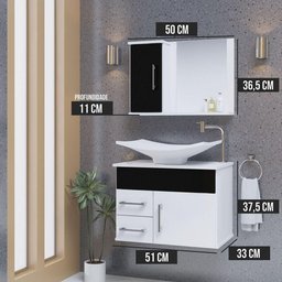 Conjunto Gabinete Inferior e Superior Banheiro 2 Gavetas 1 Porta Turin - Preto - Preto - 3