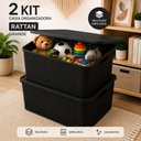 Ver imagem 2 de Kit 2 Caixa Organizadora Rattan Preta Grande Cesto Organizador 48cm Tampa Brinquedo Multiuso Empilha