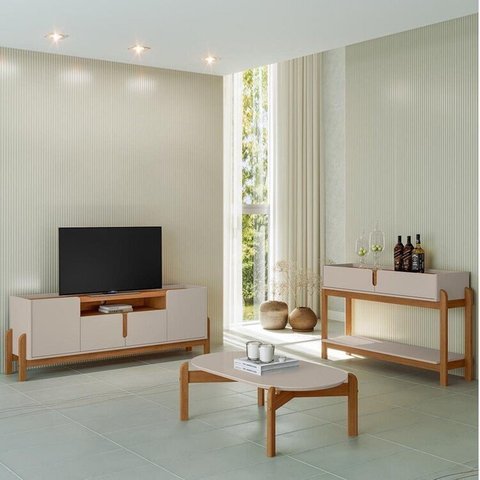 Rack 1,70 com Mesa de Centro e Aparador 2 Gav Lizz Bege/Off White/Cedro