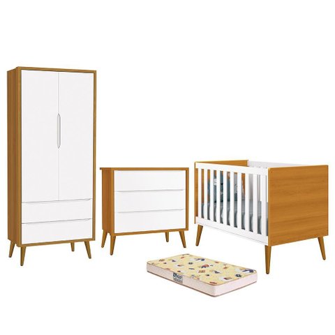 Dormitório Infantil Theo Retrô 2 Portas, Cômoda, Berço Branco/Savana com Pés Amadeirado e Colch