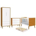 Ver imagem 1 de Dormitório Infantil Theo Retrô 2 Portas, Cômoda, Berço Branco/Savana com Pés Amadeirado e Colch