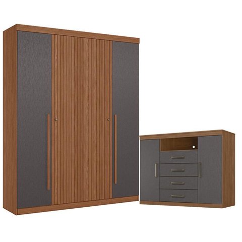 Guarda Roupa Casal Ripado 4 Portas Buriti e Cômoda Havana Master Jatobá Grafite Acetinado - Santos a